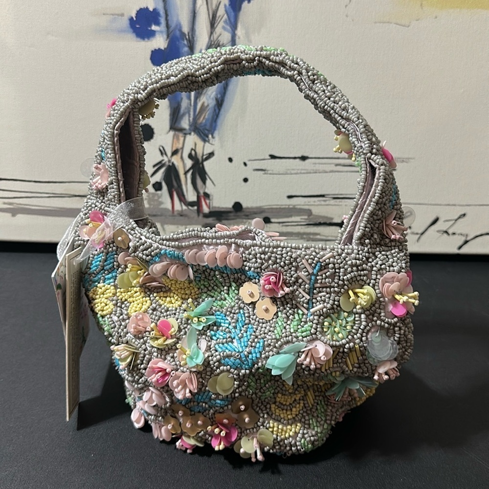Made in India Gray Floral Beaded Blossom Shoulder Bag